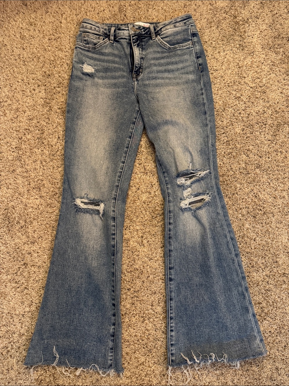 VERVET by FLYING MONKEY Distressed Light Blue Flare Jeans with Raw Hem